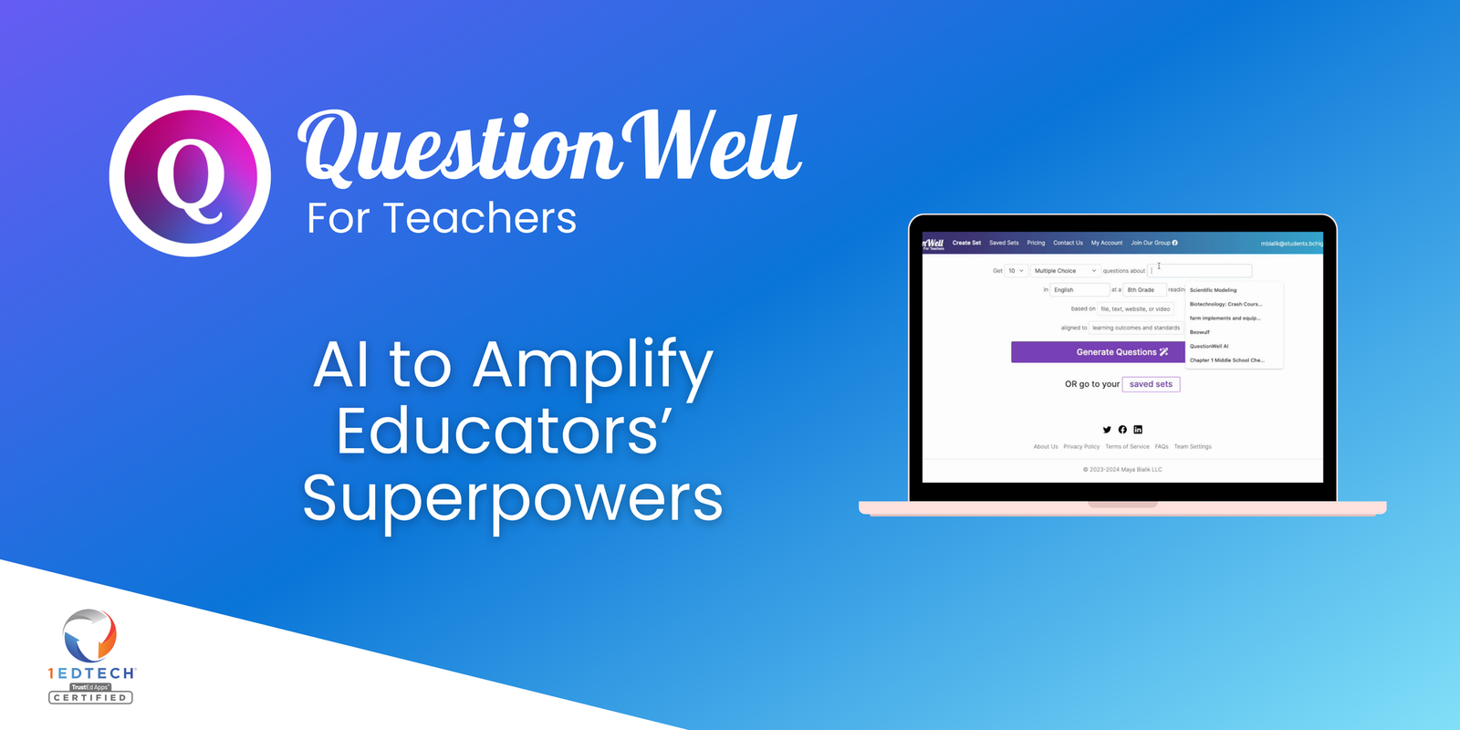 QuestionWell official product banner for its AI quiz generator