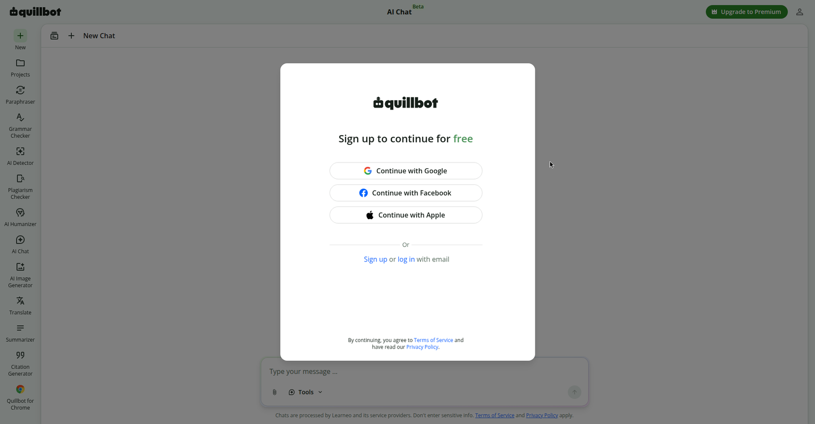 Quillbot AI chat showing the 'Sign up to continue for free' wall with no dismiss option on repeat visits