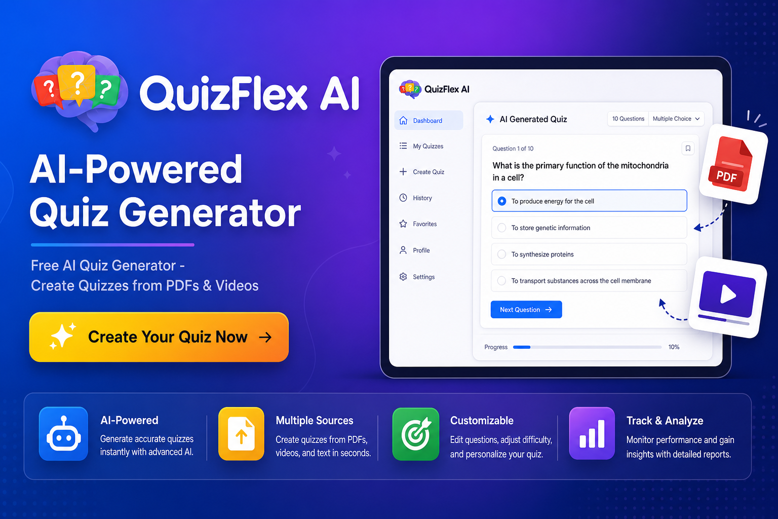 QuizFlex AI quiz generator official product artwork showing a generated mitochondria quiz question