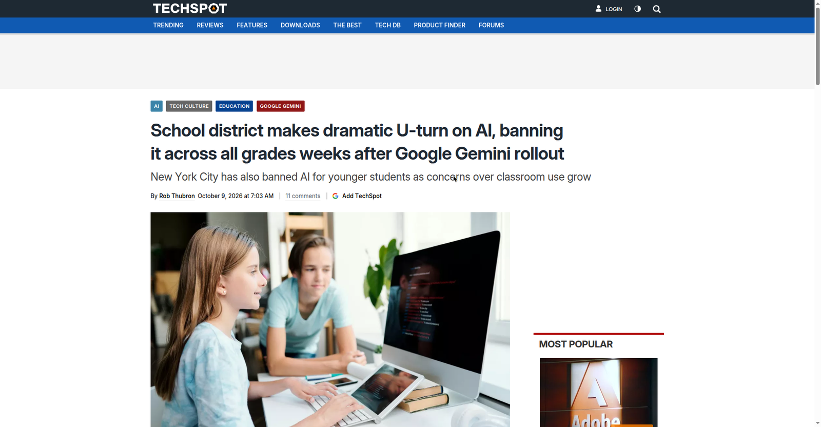 TechSpot's October 2026 report on Frederick County school board's 6-1 vote banning student AI use
