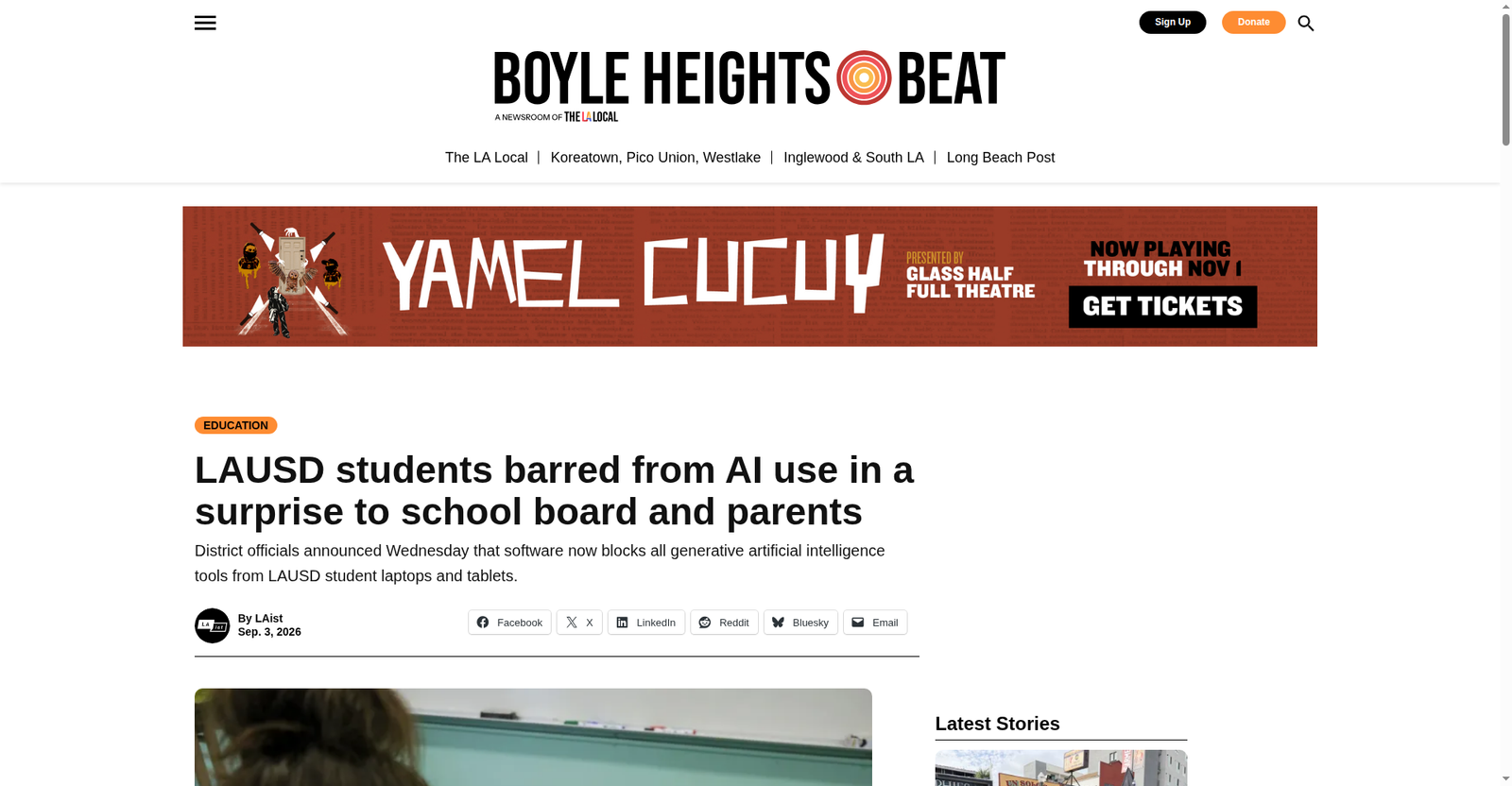 News coverage of LAUSD blocking AI sites and apps on student Chromebooks and tablets for 2026-27