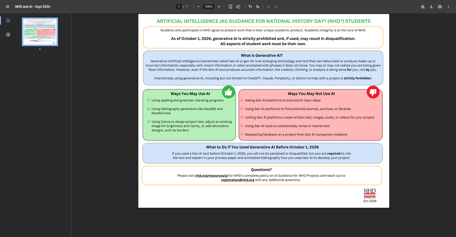 National History Day official AI policy document showing the ban on generative AI for student projects effective October 1, 2026