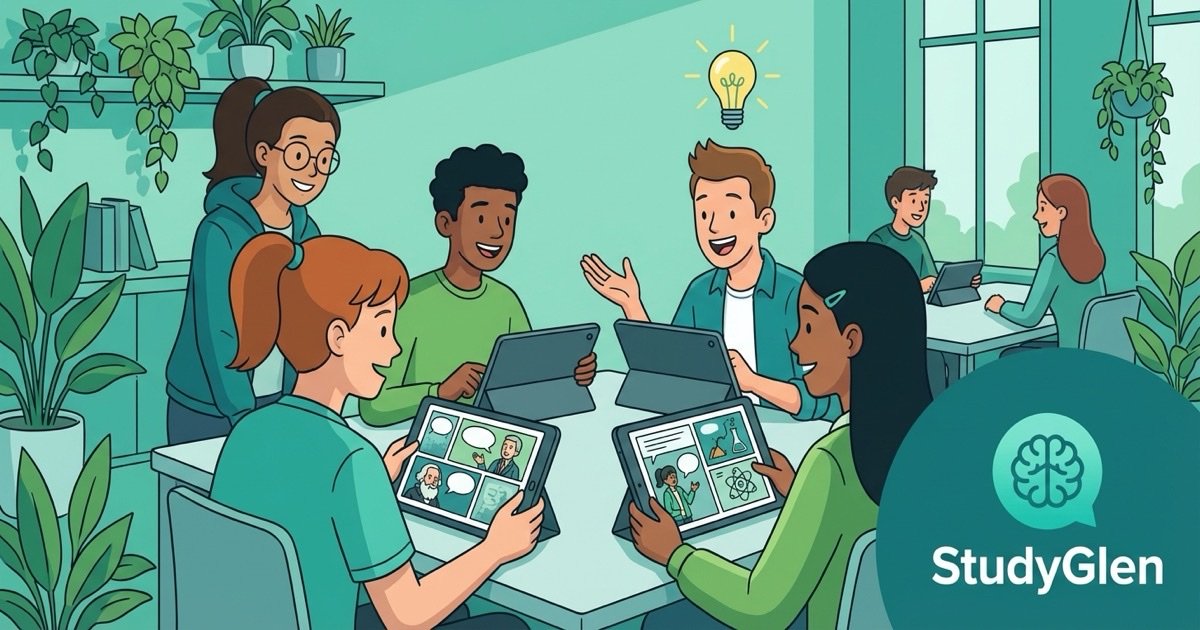 StudyGlen official brand artwork showing students using tablets for digital quizzes