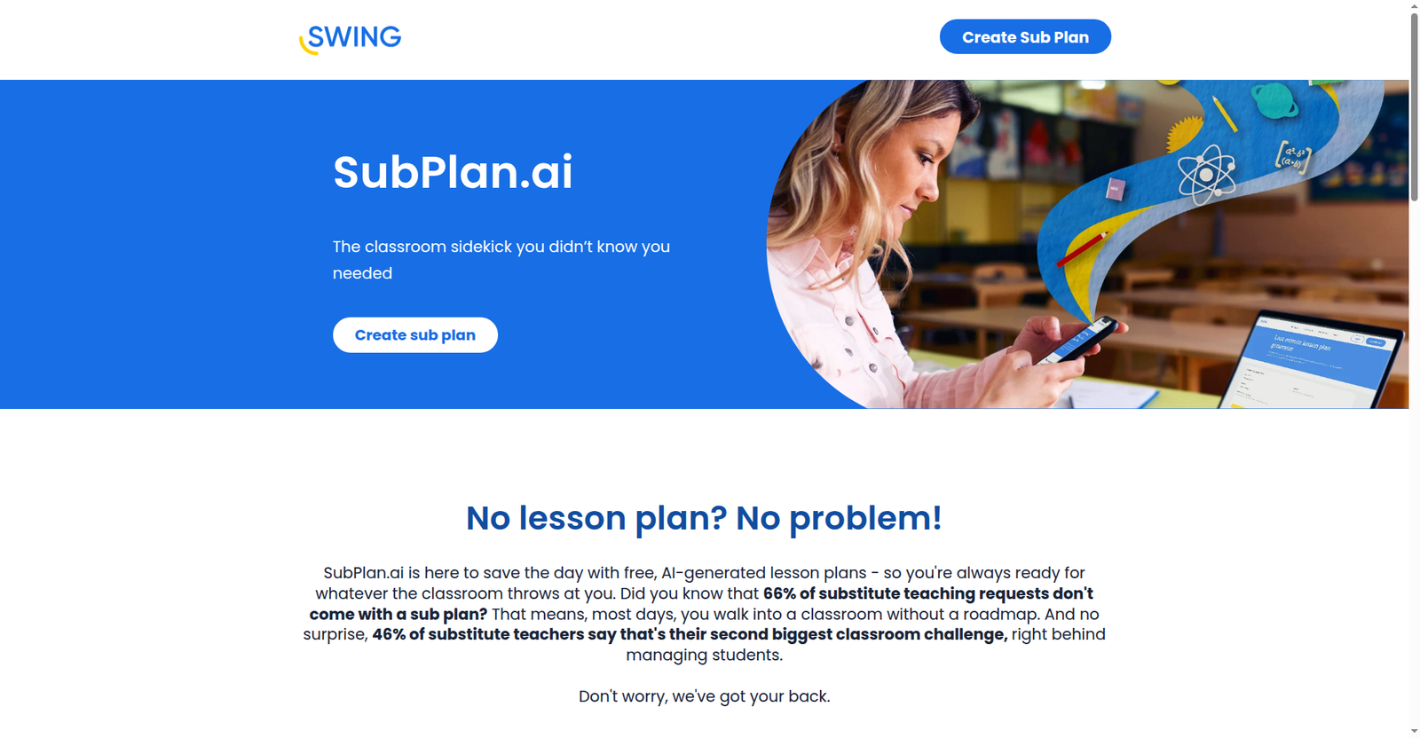 SubPlan.ai homepage showing its free AI sub plan generator for substitute teachers, alongside the 66% no-plan stat