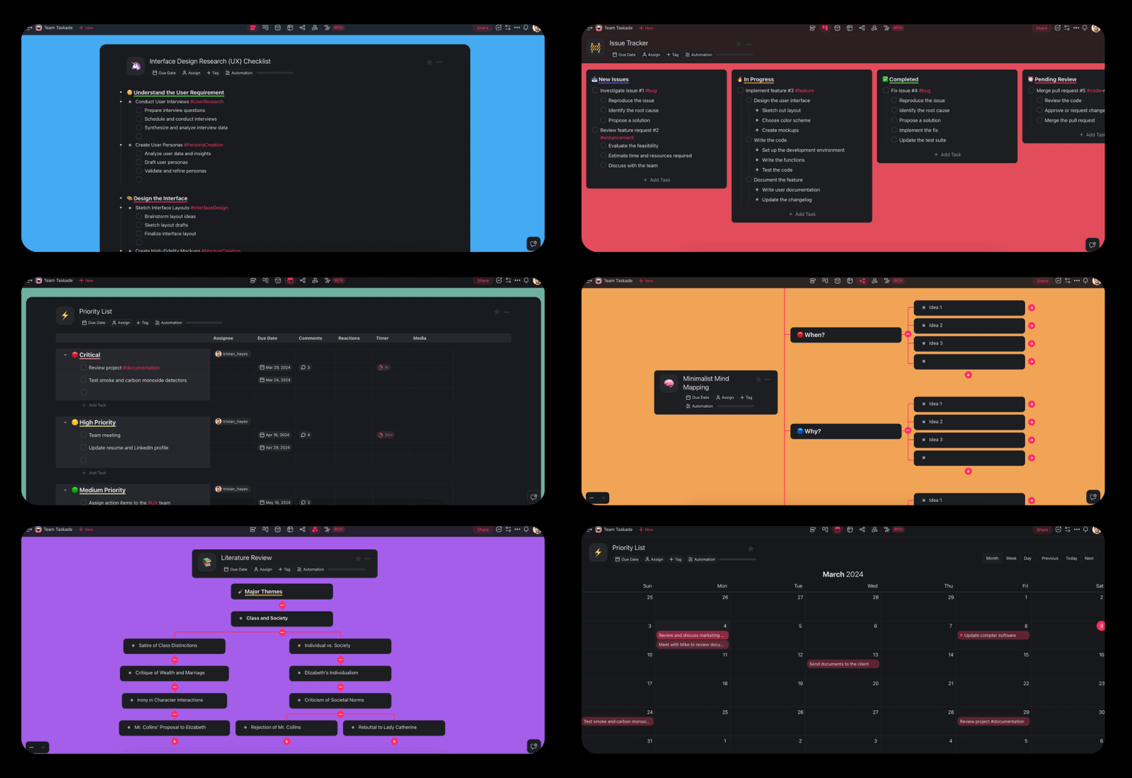 Taskade's workspace views — list, board, mind map, and calendar layouts (official product image)