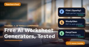 Custom hero image: free AI worksheet generators for teachers, tested — 8 tools compared, TeachersTool branding