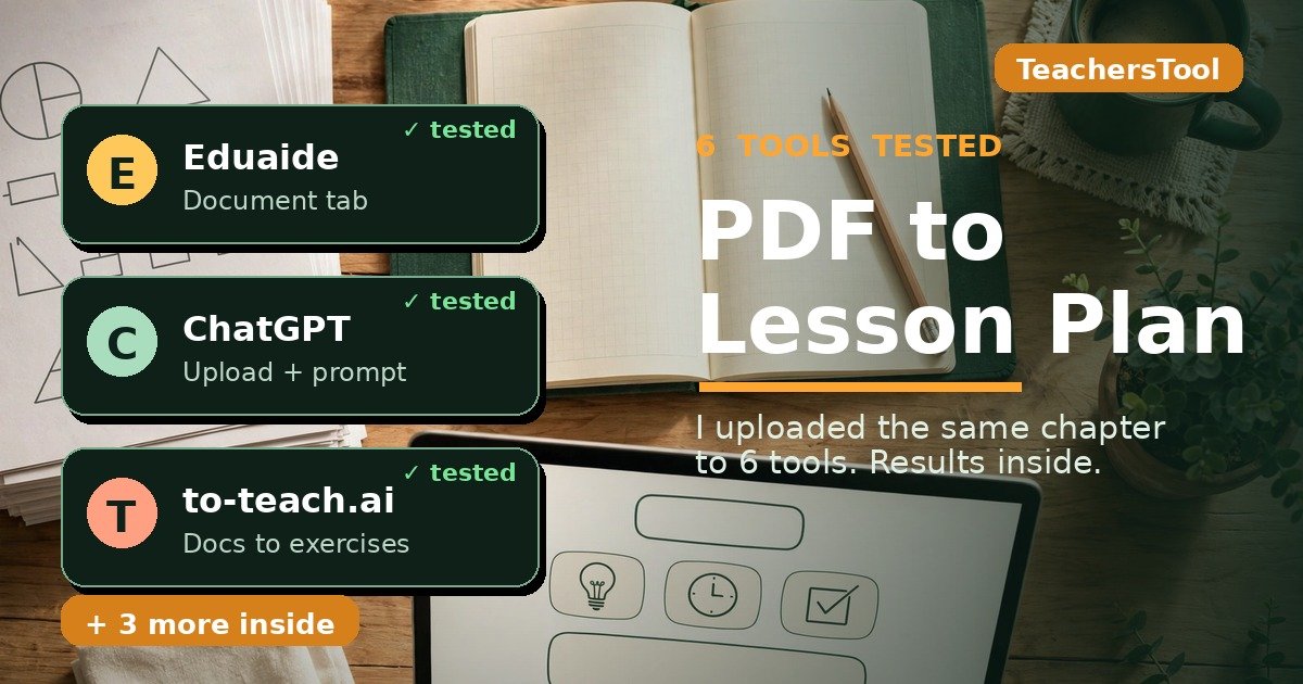 Custom featured image for the PDF to lesson plan generator guide: forest-green teacher's desk flat-lay with the post title and tested tool cards
