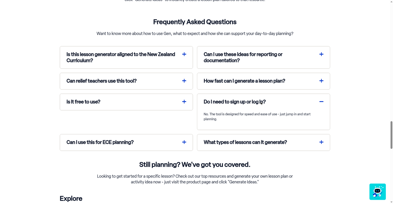 teaching.co.nz AI lesson plan generator page with FAQ confirming no login required