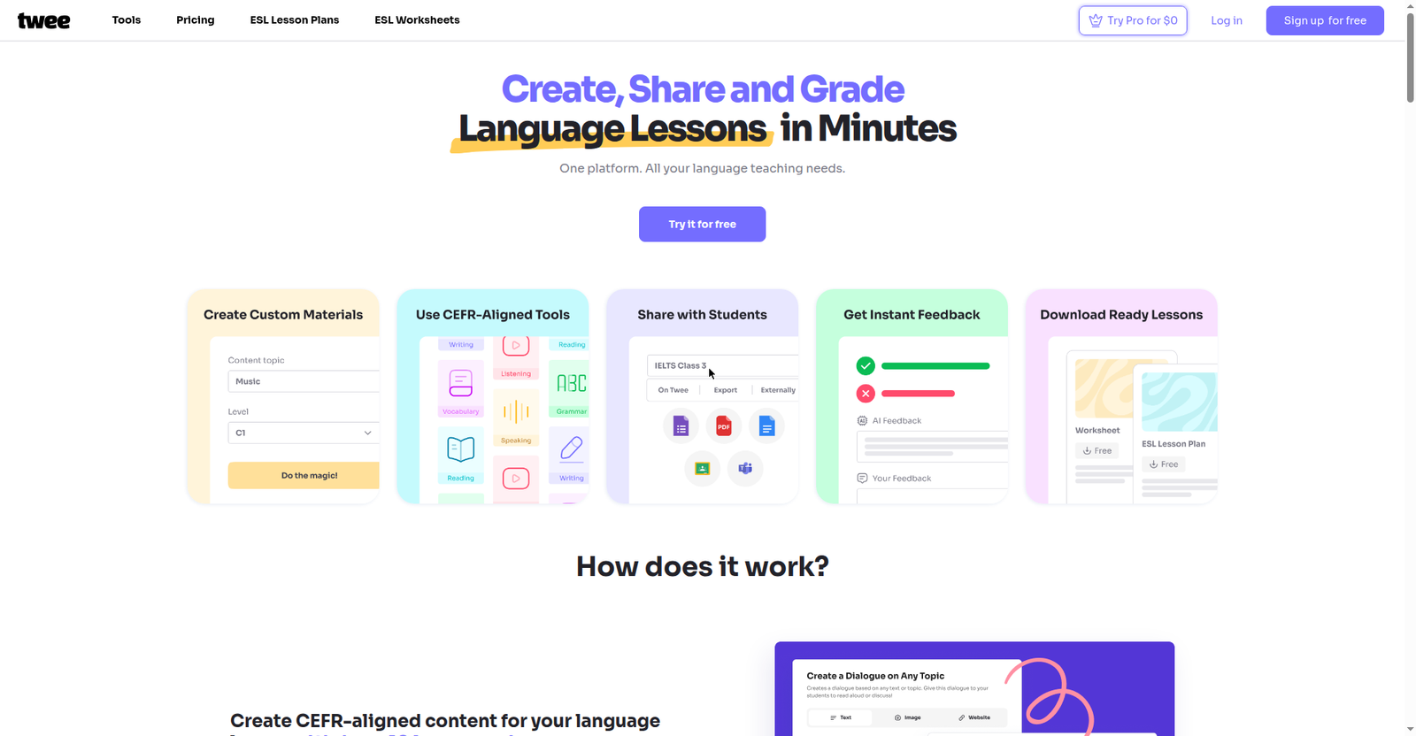 Twee homepage showing its CEFR-aligned English teaching tools