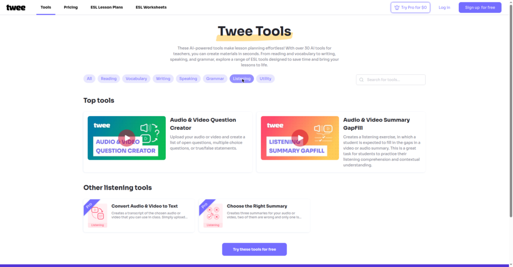 Twee's listening tools page showing its audio and video tools, with Pro badges on the transcript and summary features