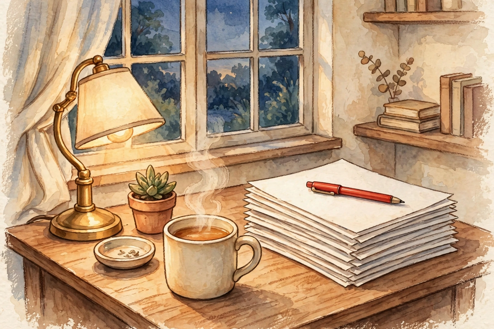 Illustration: a teacher reviewing a stack of freshly printed worksheets at her desk on a Sunday evening